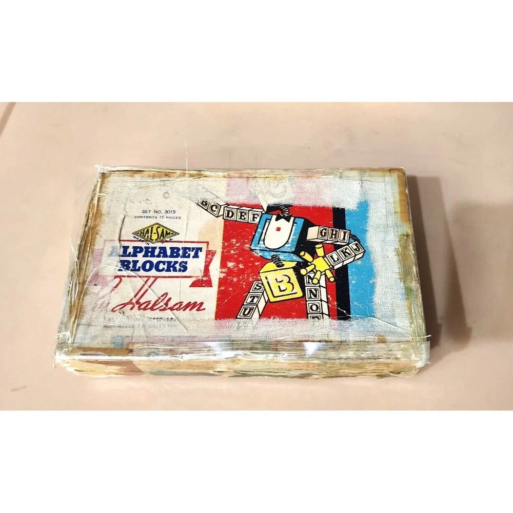 1950'S VINTAGE HALSAM ALPHABET BLOCKS IN‎ original BOX Set Of 15 Blocks #3015